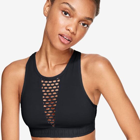PINK Victoria’s Secret Ultimate High Neck Mesh Sports Bra Small Black Unlined - Picture 3 of 9